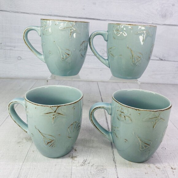 Thomson Pottery CAPE COD Embossed Seashells Stoneware 10.5oz 4"T Cups Mugs Set 4 - Picture 3 of 16